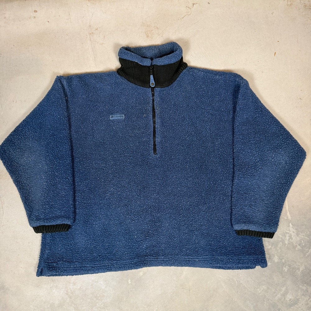 Vintage Columbia Blue Sherpa Deep pile Fleece Quarter Zip Pullover USA XL